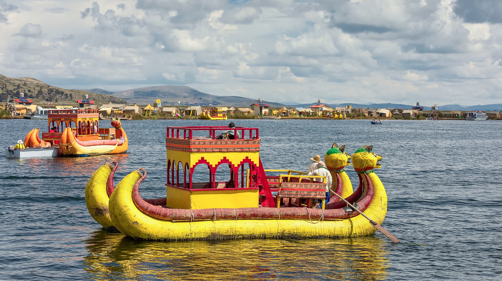A traditional totora reed boats on the Titicaca lake, Puno. Peru, South America